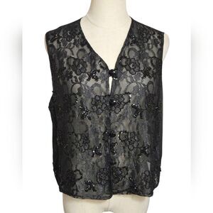 Carole Little Sheer Beaded Black Lace Floral Vest Top